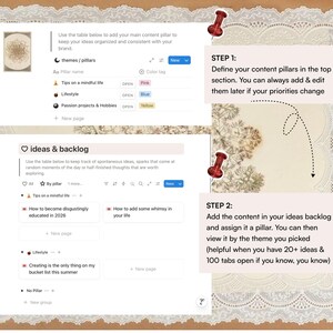 May include: A digital planning template interface featuring two sections titled themes/pillars and ideas & backlog. The layout includes text instructions, color-coded tags, and two red pushpins on a background with a lace-trimmed paper border.