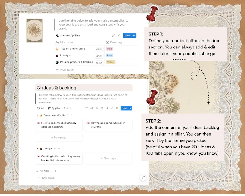 May include: A digital planning template interface featuring two sections titled themes/pillars and ideas & backlog. The layout includes text instructions, color-coded tags, and two red pushpins on a background with a lace-trimmed paper border.