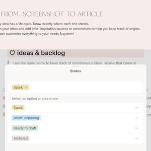 May include: A digital interface screenshot titled FROM SCREENSHOT TO ARTICLE featuring an ideas and backlog table. A status dropdown menu displays options including Spark in yellow, Worth exploring in blue, Ready to draft in green, and Archived in gray.