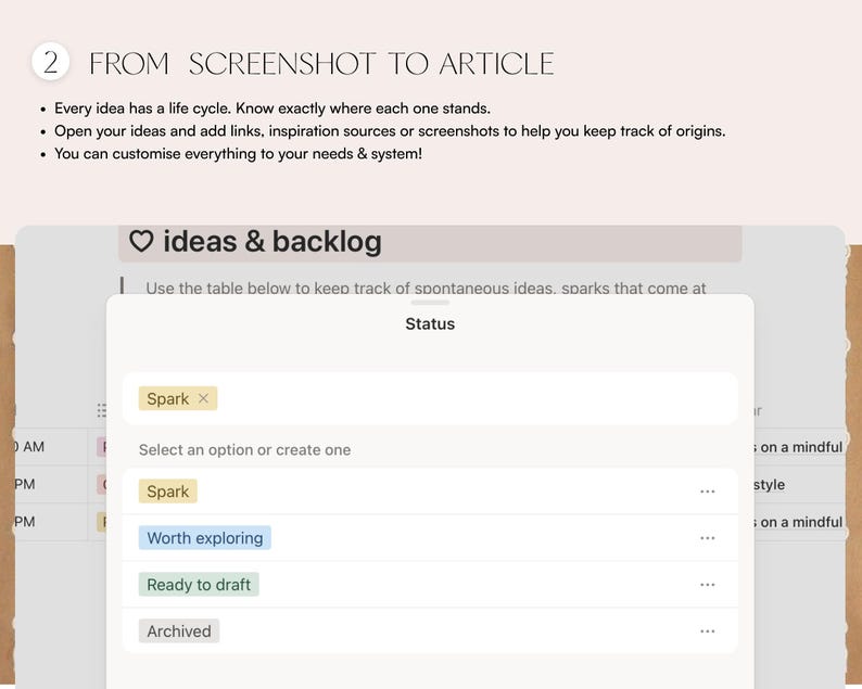 May include: A digital interface screenshot titled FROM SCREENSHOT TO ARTICLE featuring an ideas and backlog table. A status dropdown menu displays options including Spark in yellow, Worth exploring in blue, Ready to draft in green, and Archived in gray.