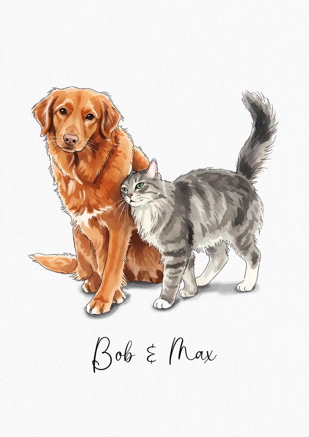 Digital Custom Watercolor Pet Portrait Personalized Dog & Cat Painting ...