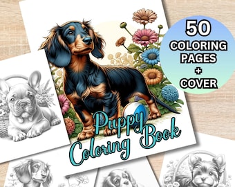 50 Adorable Puppy Coloring Pages for Adults and Kids Grayscale Coloring Book, Printable Puppy Coloring Sheets, Coloring Dog Pages Downloads