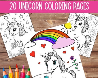 子供と大人向けの印刷可能なユニコーンのぬり絵ページ、愛らしいかわいいスタイル、ユニコーンの誕生日パーティー、子供向けのアクティビティ、20 ページのデジタル ページ