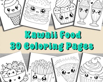 Kawaii Food Coloring Pages For Kids and Adults, 30 Pages, Cute Cartoon Style Coloring Book, Digital Download, Preschool, Homeschool Coloring