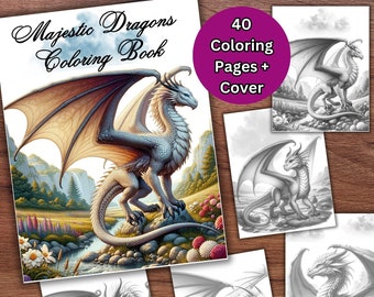 40 Dragons Coloring Pages for Adults and Kids, Mythical Fantasy Creatures, Grayscale Coloring Book Digital Download Coloring Sheets