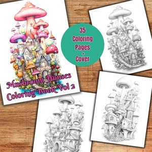 35 Mushroom Houses Coloring Pages for Adults and Kids, Grayscale Coloring Book, Digital Download Coloring Pages, Fantasy Homes for Fairies