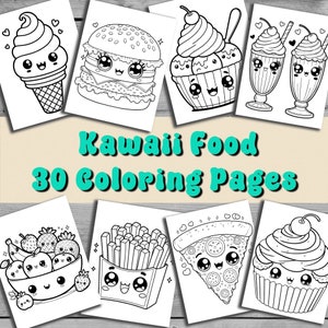 Kawaii Food Coloring Pages For Kids and Adults, 30 Pages, Cute Cartoon Style Coloring Book, Digital Download, Preschool, Homeschool Coloring