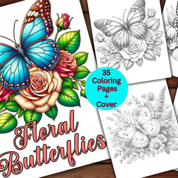 35 Floral Butterflies Coloring Pages for Adults and Kids, Flower Butterfly, Grayscale Coloring Book, Digital Download Coloring pages,Fantasy