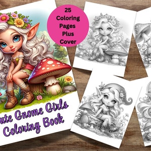 25 Cute Gnome Girls Coloring Pages for Adults, Fantasy Gnomes, Whimsical Gnome Coloring Book, Digital Download, Printable Download Sheets