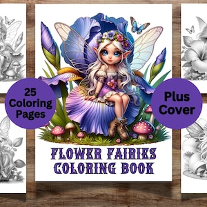 Hadas de flores caprichosas 25 páginas para colorear para adultos y niños, hadas de fantasía, libro para colorear de hadas, coloración en escala de grises, descarga imprimible