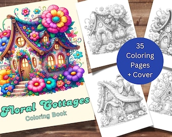 35 páginas para colorear de cabañas florales para adultos y niños, libro para colorear de cabañas caprichosas, descarga digital, cabañas de flores de fantasía, escala de grises