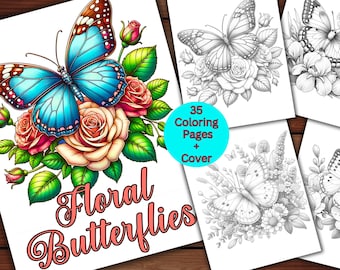 35 Floral Butterflies Coloring Pages for Adults and Kids, Flower Butterfly, Grayscale Coloring Book, Digital Download Coloring pages,Fantasy