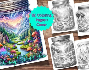Op de afbeelding: Een kleurboek met 32 pagina's en een omslag met een fantasiewereld in een glazen pot. De pot bevat een rivier, bergen, bomen, paddenstoelen en een kasteel. De tekst "Fantasy World Jars" staat onderaan de afbeelding.