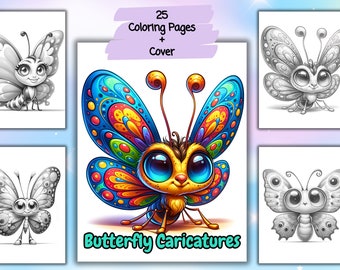 25 Butterfly Caricatures Coloring Book for Adults and Kids, Butterfly Coloring Pages, Grayscale Coloring Book, Digital Download, Butterflies