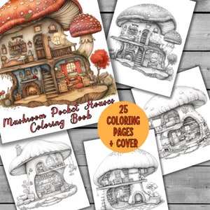 25 Mushroom Houses Coloring Pages for Adults and Kids, Mushroom Pocket Houses, Grayscale Coloring Book, Digital Download Coloring Page