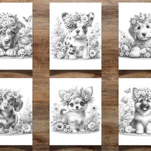 41 Filhotes de cachorro florais para colorir para crianças e adultos, filhotes fofos, páginas para colorir de filhotes, colorir em tons de cinza, colorir flores, colorir cachorros imagem 3