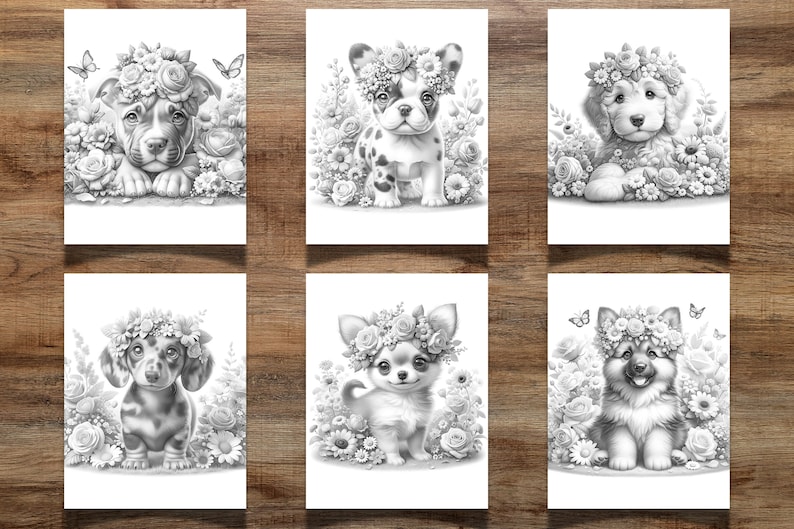 41 Filhotes de cachorro florais para colorir para crianças e adultos, filhotes fofos, páginas para colorir de filhotes, colorir em tons de cinza, colorir flores, colorir cachorros imagem 3