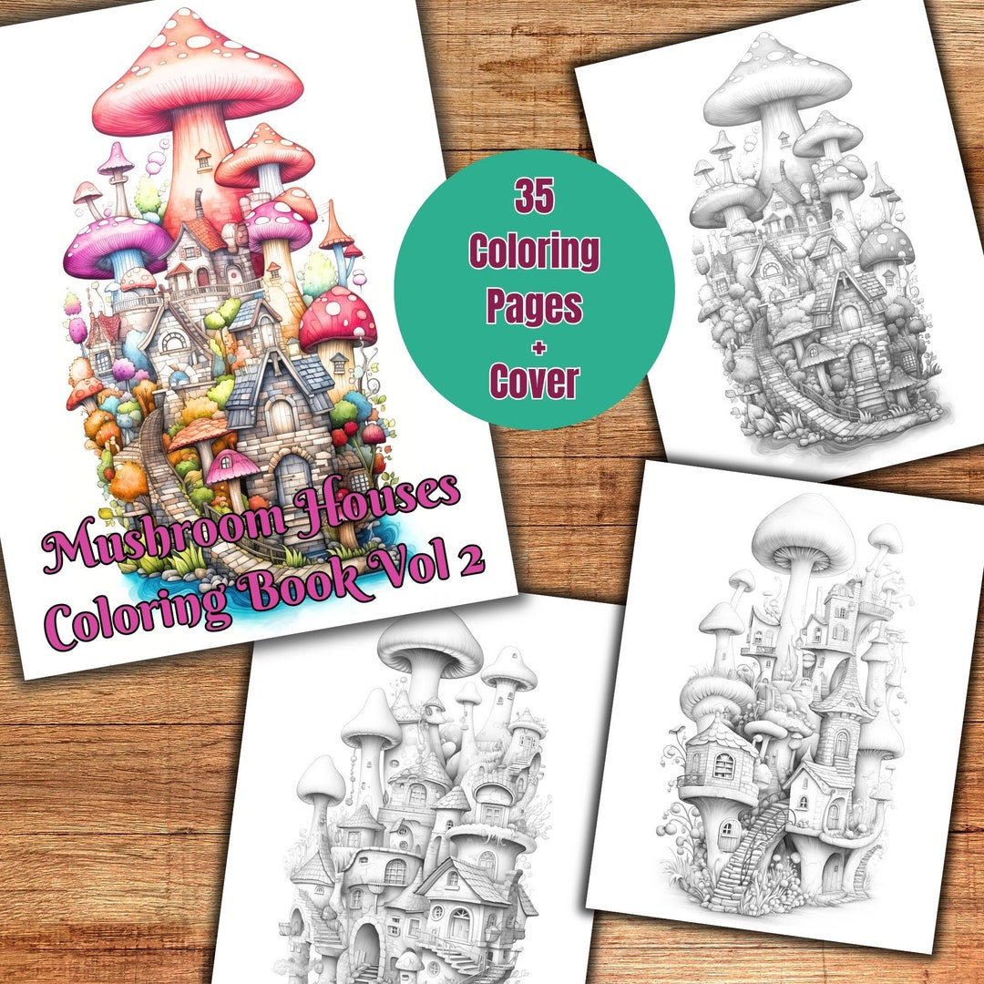 35 Mushroom Houses Coloring Pages for Adults and Kids, Grayscale ...