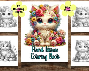 25 Libro para colorear de gatitos florales para niños y adultos, Páginas para colorear de gatitos lindos, Coloración en escala de grises, Coloración de flores, Coloración relajante