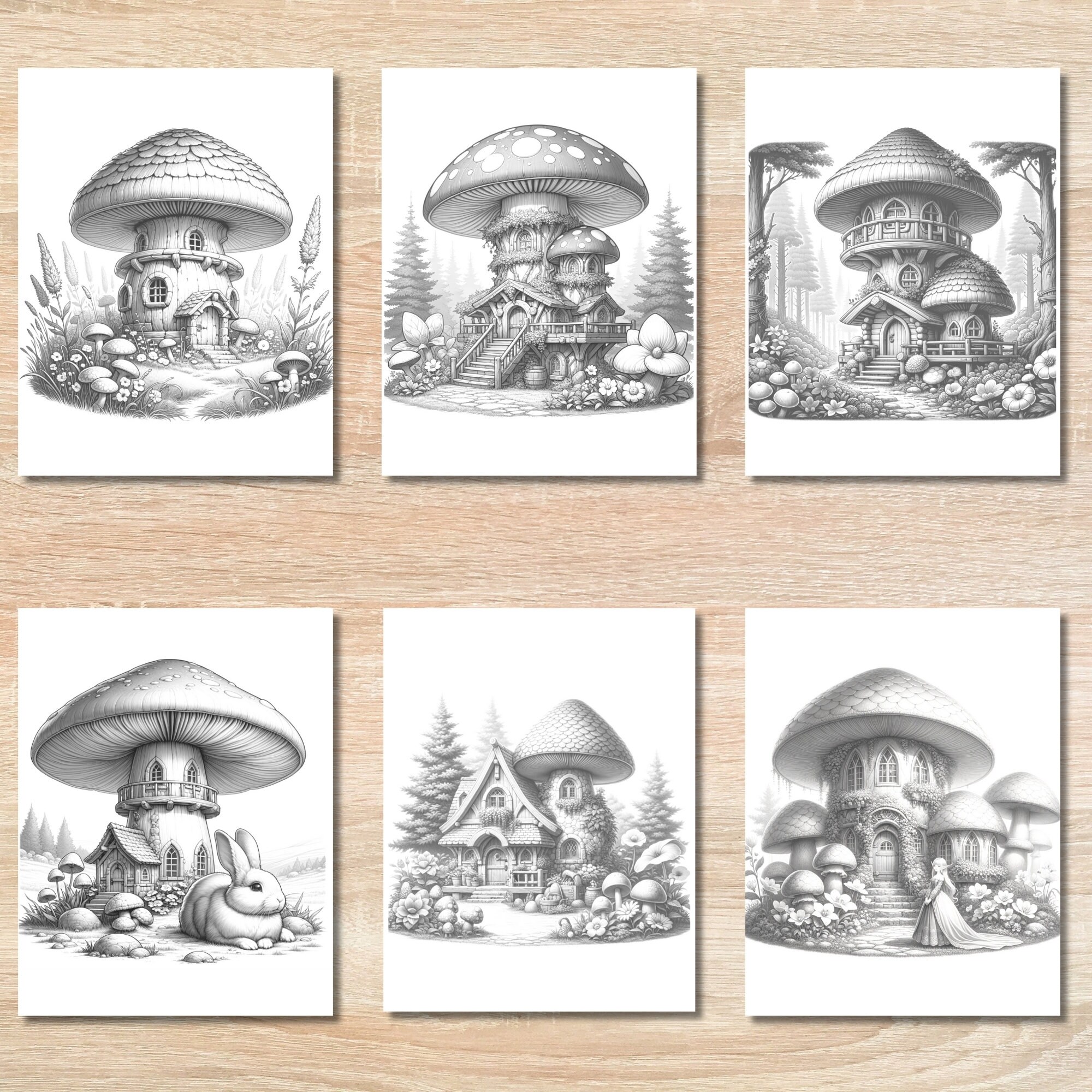 20 Mushroom Houses Coloring Pages for Adults and Kids, Grayscale ...