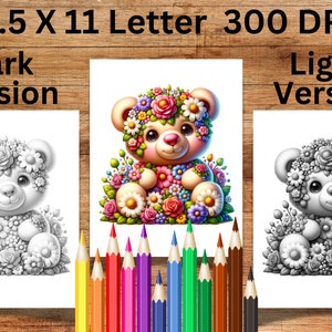 Puede incluir: Una p&aacute;gina para colorear en blanco y negro con un osito de peluche con flores en la cabeza y el cuerpo. El osito est&aacute; sentado con las patas delante de &eacute;l. La imagen es de 8,5 x 11 pulgadas y 300 DPI.