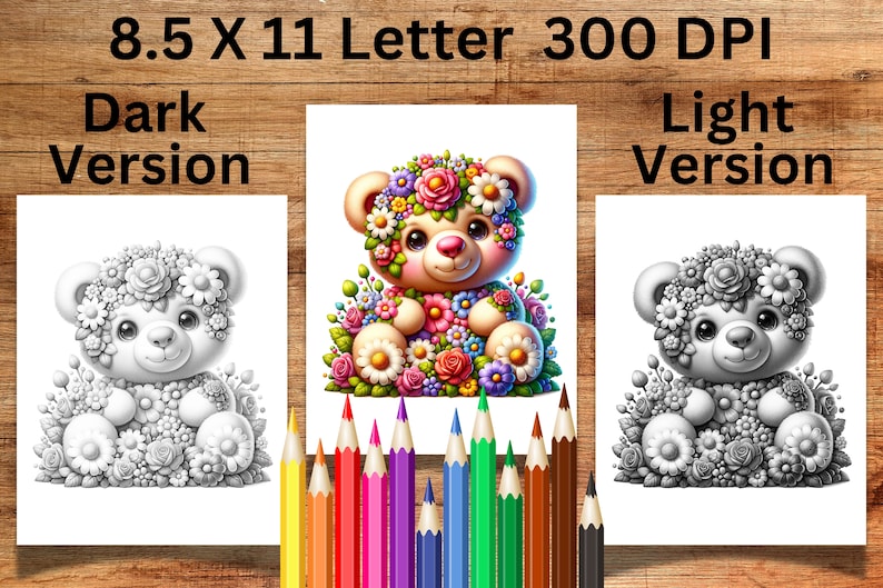 Puede incluir: Una p&aacute;gina para colorear en blanco y negro con un osito de peluche con flores en la cabeza y el cuerpo. El osito est&aacute; sentado con las patas delante de &eacute;l. La imagen es de 8,5 x 11 pulgadas y 300 DPI.