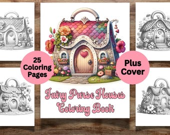 25 Fairy Purse Houses Coloring Pages for Adults and Kids, Whimsical Houses Coloring Book, Digital Download, Fantasy Fairy Houses, Grayscale