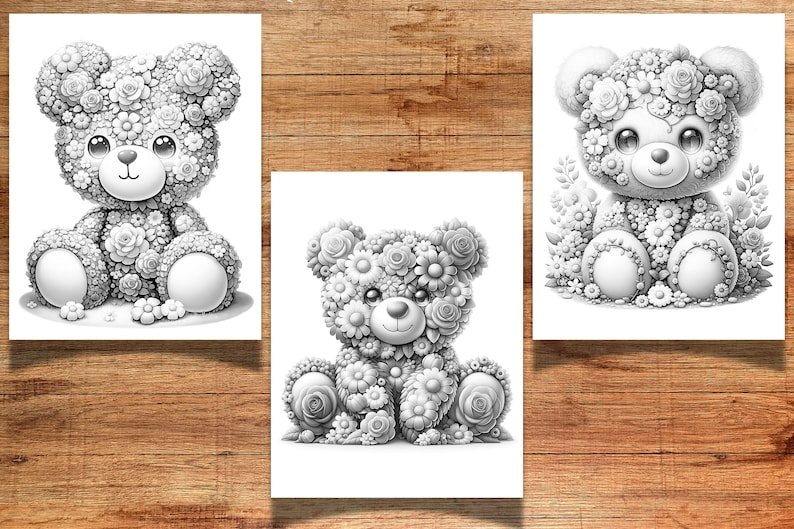Puede incluir: Tres ilustraciones en blanco y negro de osos de peluche hechos completamente de flores. Cada oso est&aacute; sentado con las patas delante de &eacute;l. Los osos tienen ojos grandes y una expresi&oacute;n dulce.