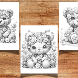 Puede incluir: Tres p&aacute;ginas para colorear en blanco y negro con osos de peluche hechos de flores. Cada oso est&aacute; sentado en un jard&iacute;n con flores y hojas.