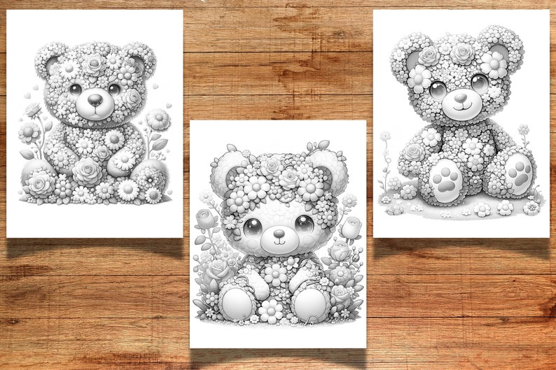 Puede incluir: Tres p&aacute;ginas para colorear en blanco y negro con osos de peluche hechos de flores. Cada oso est&aacute; sentado en un jard&iacute;n con flores y hojas.