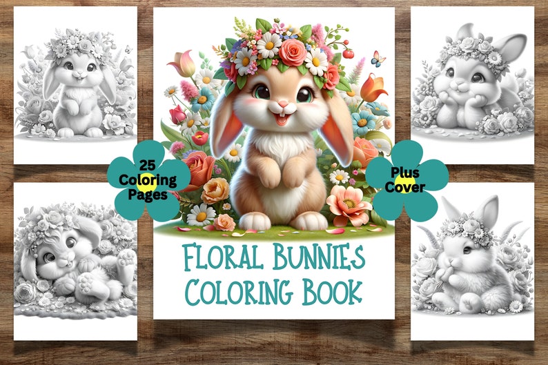 K&ouml;nnte beinhalten: Ein Malbuch mit 25 Seiten mit niedlichen Hasen, die Blumenkr&auml;nze tragen. Das Cover zeigt einen Hasen mit einer rosa Blumenkrone, umgeben von bunten Blumen. Der Titel des Buches lautet "Floral Bunnies Coloring Book".