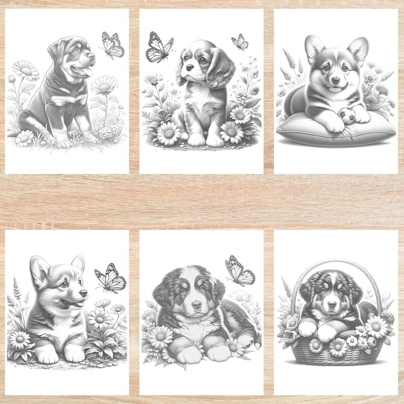 May include: Six black and white illustrations of puppies in various poses. Each puppy is surrounded by flowers and butterflies. The first puppy is a Rottweiler, the second is a Cavalier King Charles Spaniel, the third is a Corgi, the fourth is a Corgi, the fifth is a Bernese Mountain Dog, and the sixth is a Bernese Mountain Dog.