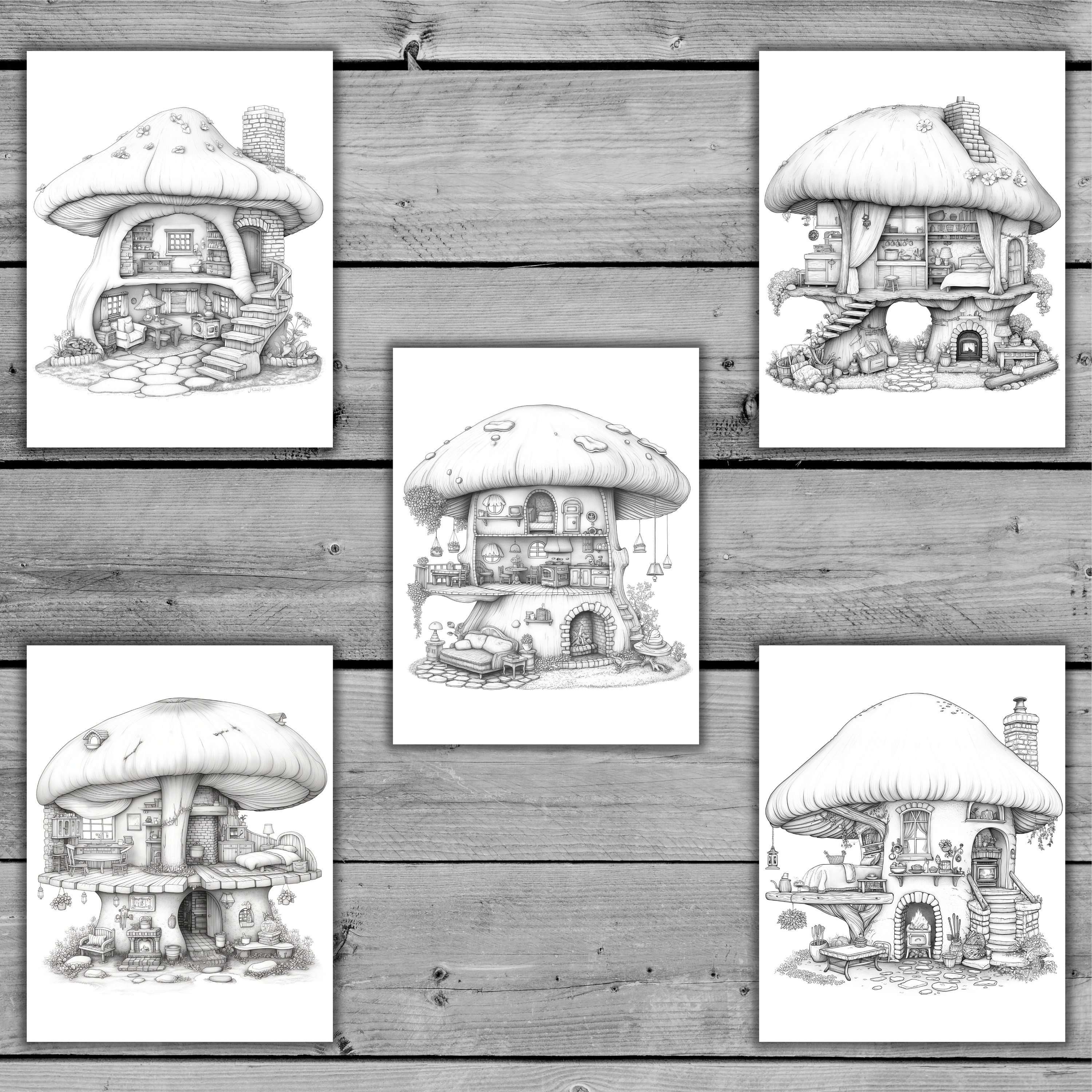25 Mushroom Houses Coloring Pages for Adults and Kids, Mushroom Pocket ...