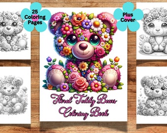 25 Florale Teddybären Malbuch für Kinder und Erwachsene, süße Bären Malseiten, Teddybären Färbung, Blumen Färbung, entspannende Färbung
