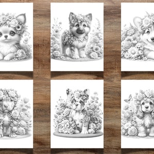 41 Filhotes de cachorro florais para colorir para crianças e adultos, filhotes fofos, páginas para colorir de filhotes, colorir em tons de cinza, colorir flores, colorir cachorros imagem 6