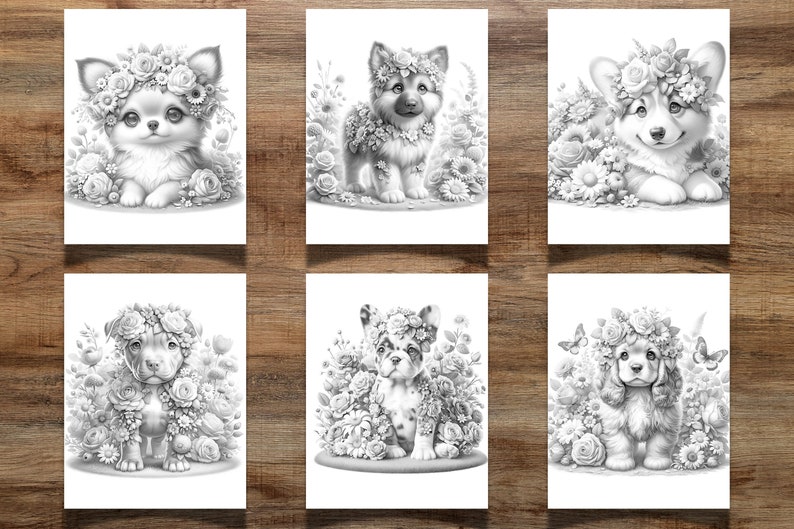 41 Filhotes de cachorro florais para colorir para crianças e adultos, filhotes fofos, páginas para colorir de filhotes, colorir em tons de cinza, colorir flores, colorir cachorros imagem 6