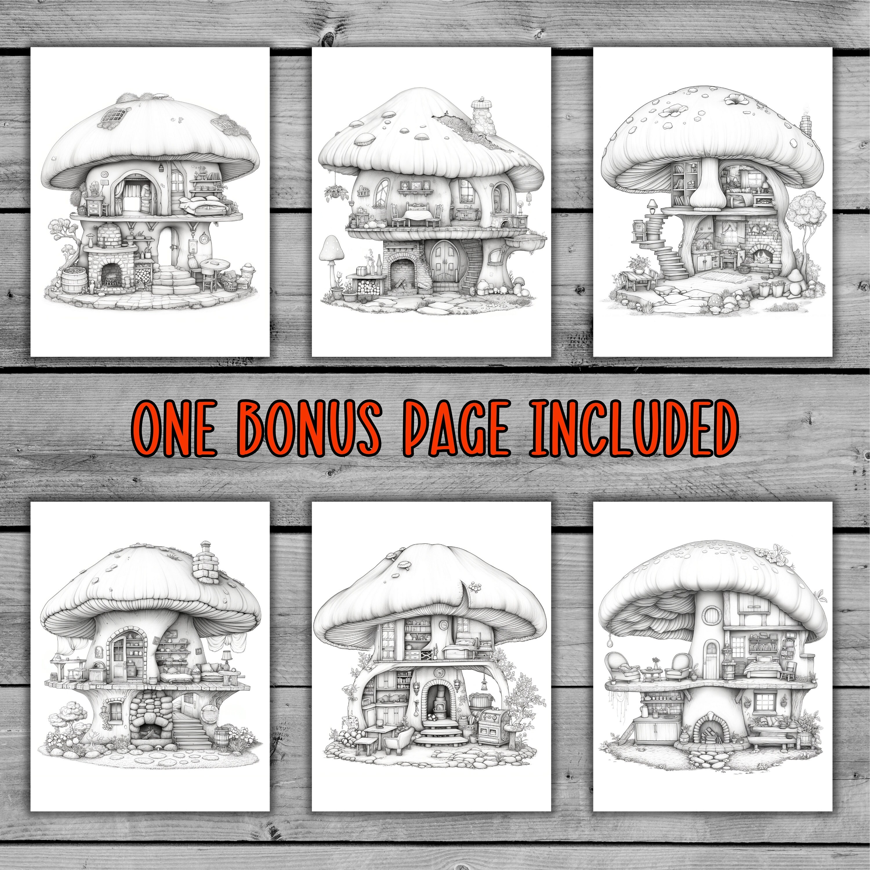 25 Mushroom Houses Coloring Pages for Adults and Kids, Mushroom Pocket ...