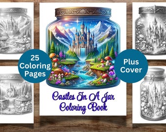 25 castillos en un frasco para colorear para adultos, páginas para colorear de arte fantástico, páginas para colorear de paisajes fantásticos, hojas para relajarse y aliviar el estrés
