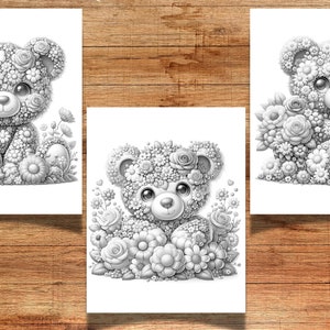 Puede incluir: Tres ilustraciones en blanco y negro de osos de peluche hechos completamente de flores. Cada oso est&aacute; rodeado de flores y tiene una pose diferente.