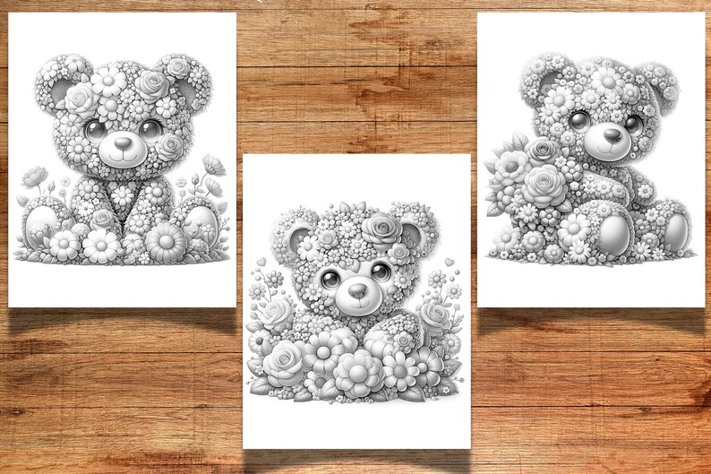 Puede incluir: Tres ilustraciones en blanco y negro de osos de peluche hechos completamente de flores. Cada oso est&aacute; rodeado de flores y tiene una pose diferente.