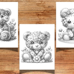 Puede incluir: Tres p&aacute;ginas para colorear en blanco y negro con osos de peluche hechos de flores. Cada oso est&aacute; sentado y tiene una pose diferente. Los osos est&aacute;n rodeados de flores y hojas.