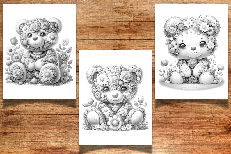 Puede incluir: Tres p&aacute;ginas para colorear en blanco y negro con osos de peluche hechos de flores. Cada oso est&aacute; sentado y tiene una pose diferente. Los osos est&aacute;n rodeados de flores y hojas.