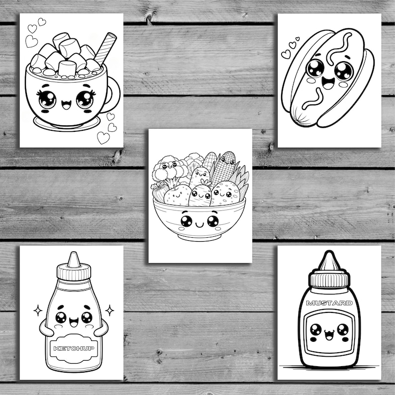以下が含まれることがあります： 黒と白の塗り絵で、かわいい漫画の食べ物キャラクターが描かれています。キャラクターには、ホットドッグ、サラダボウル、ホットチョコレート、ケチャップボトル、マスタードボトルがあります。