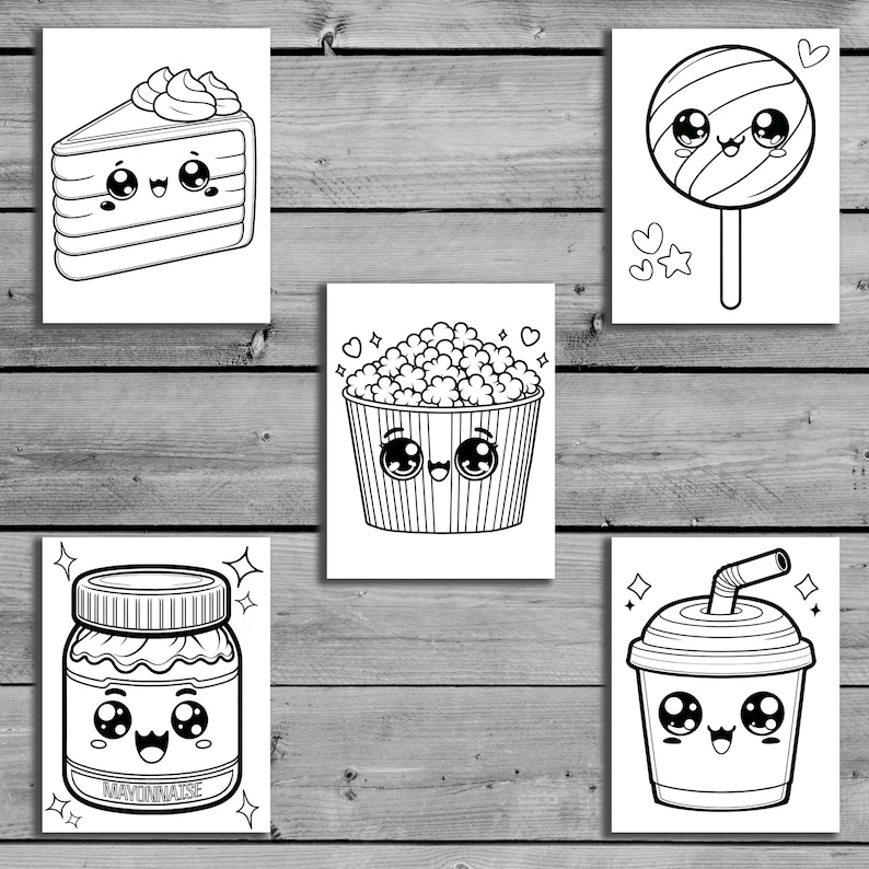 以下が含まれることがあります： 黒と白の線画で描かれた、かわいい漫画の顔をした様々な食品のイラスト。ケーキの切れ端、ポップコーンの入ったバケツ、ロリポップ、マヨネーズの瓶、ストロー付きのカップなどがあります。