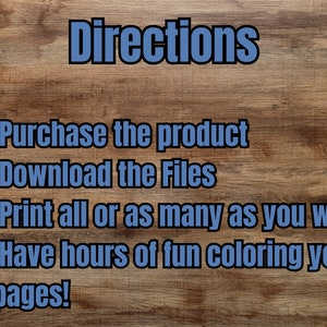 Pode incluir: Um fundo de madeira com texto azul que diz "Instru&ccedil;&otilde;es" e uma lista numerada de instru&ccedil;&otilde;es: 1. Compre o produto, 2. Fa&ccedil;a o download dos arquivos, 3. Imprima tudo ou quantos quiser, 4. Divirta-se por horas colorindo suas p&aacute;ginas!