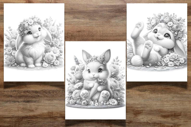 K&ouml;nnte beinhalten: Drei Schwarzwei&szlig;illustrationen von Kaninchen, die Blumenkr&auml;nze tragen. Das erste Kaninchen sitzt aufrecht, das zweite Kaninchen h&auml;lt eine Karotte und das dritte Kaninchen liegt auf dem R&uuml;cken mit den Pfoten in der Luft.