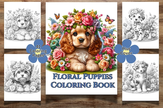 41 Floral Puppies Coloring Book For Kids and Adults, Cute Puppies, Puppy Coloring Pages, Grayscale Coloring, Flower Coloring, Dog Coloring