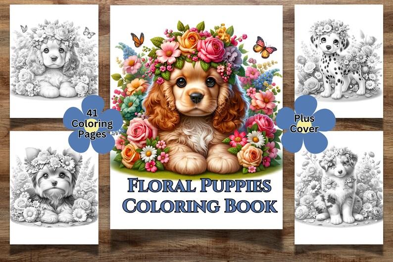 41 Filhotes de cachorro florais para colorir para crianças e adultos, filhotes fofos, páginas para colorir de filhotes, colorir em tons de cinza, colorir flores, colorir cachorros imagem 1