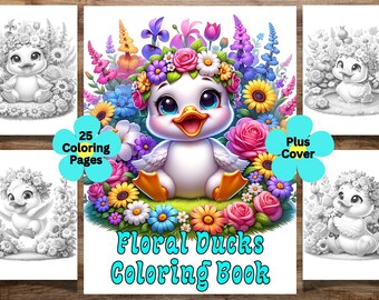 25 Floral Ducks Coloring Book For Kids and Adults, Cute Ducks Coloring Pages, Grayscale Digital Download, Flower Coloring, Coloring Sheet