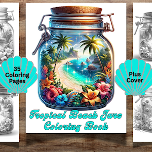 35 Tropische Strand Gläser Malvorlagen für Erwachsene und Kinder, Strand Malbuch, Florale Färbung, Sommer Strand Färbung, Graustufen Färbung